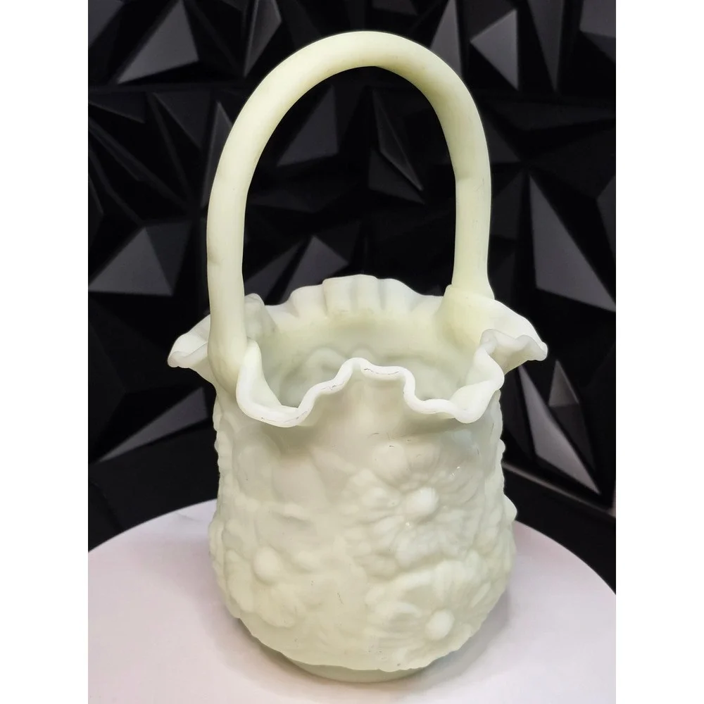 Fenton Custard Glass Poppy Family Basket Ruffled Edge Vintage Art Glass Yellow
